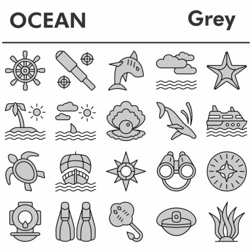 Ocean icons set, gray style cover image.