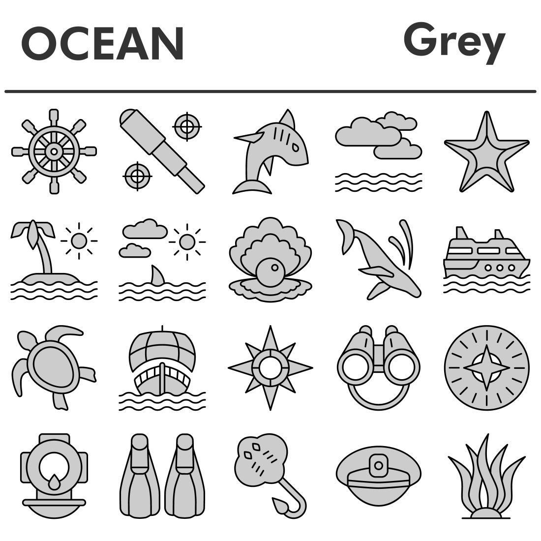 Ocean icons set, gray style cover image.