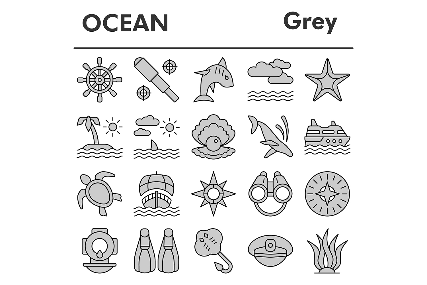 Ocean icons set, gray style pinterest preview image.