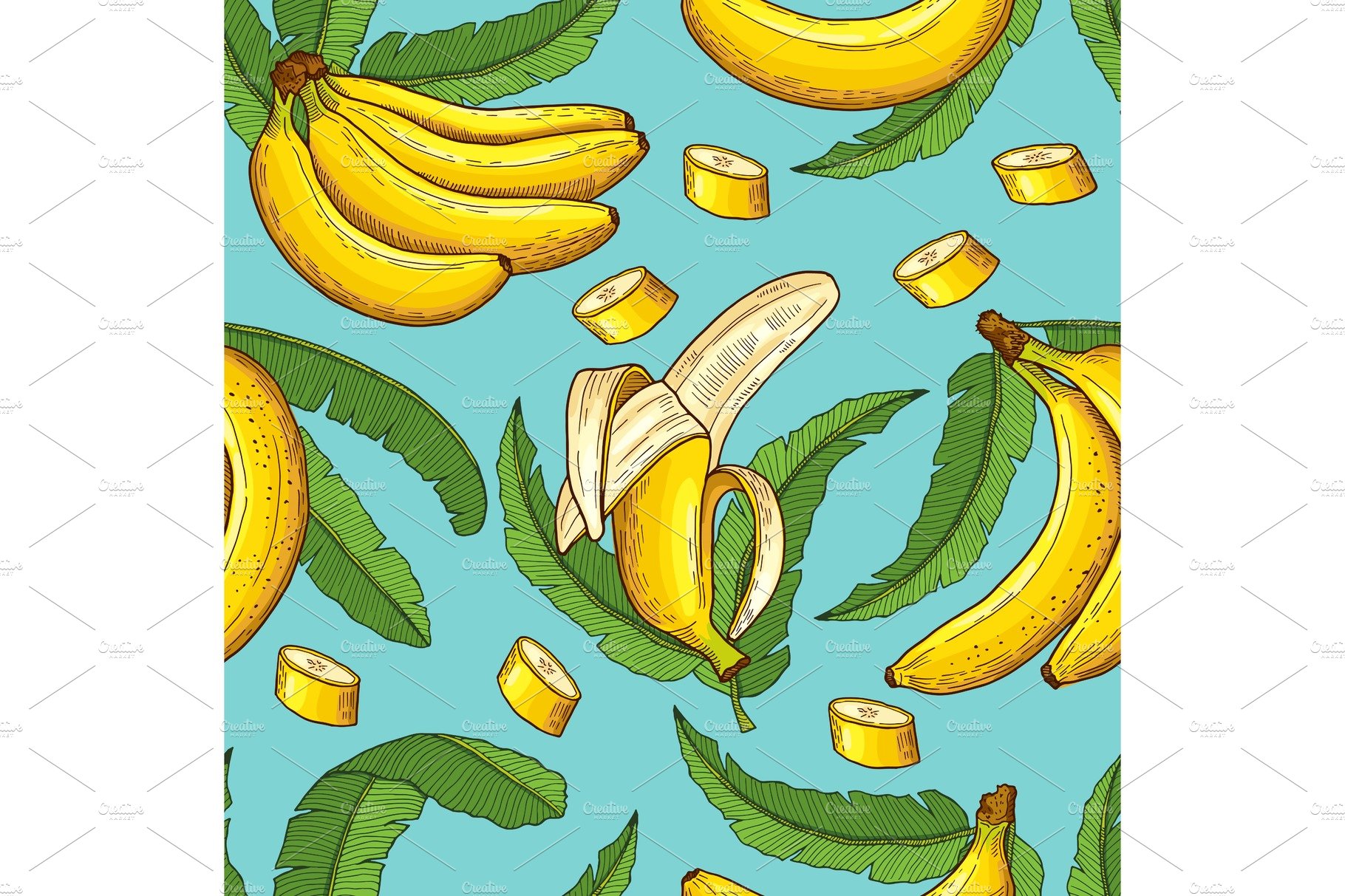 Seamless pattern of bananas. Vector illustrations of tropical food cover image.