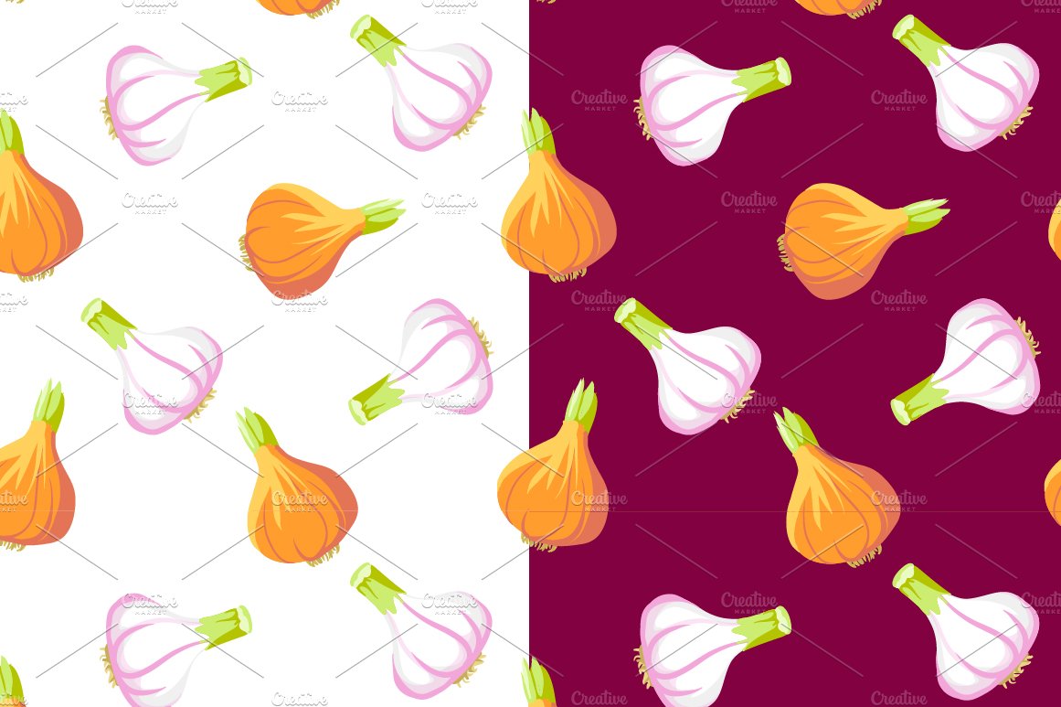 Garlic & Onion seamless patterns preview image.