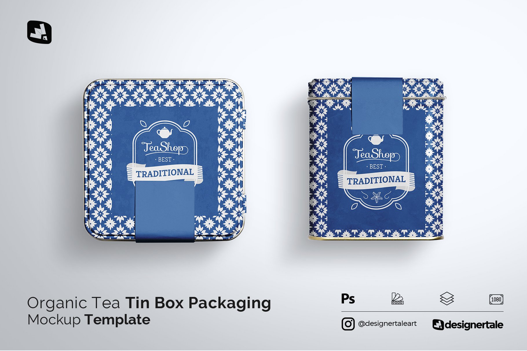Organic Tea Tin Box Packaging Mockup cover image.