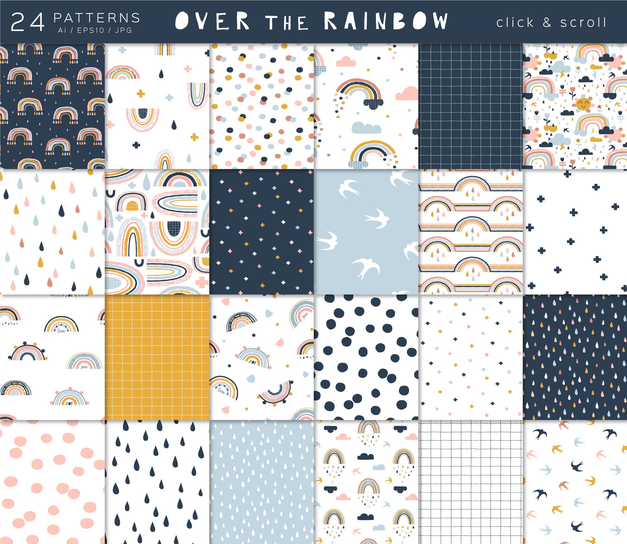 Rainbow clipart & pattern set preview image.