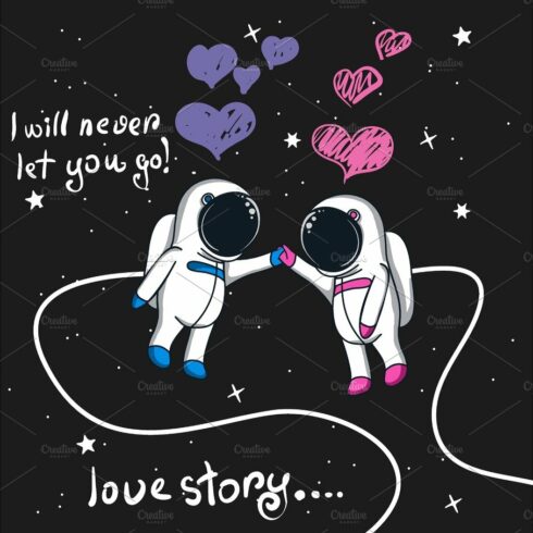 Love story of boy and girl astronauts in space cover image.
