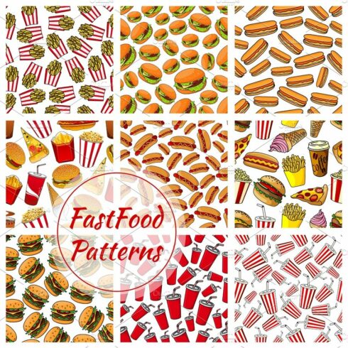 Fast food and drinks seamless pattern background cover image.