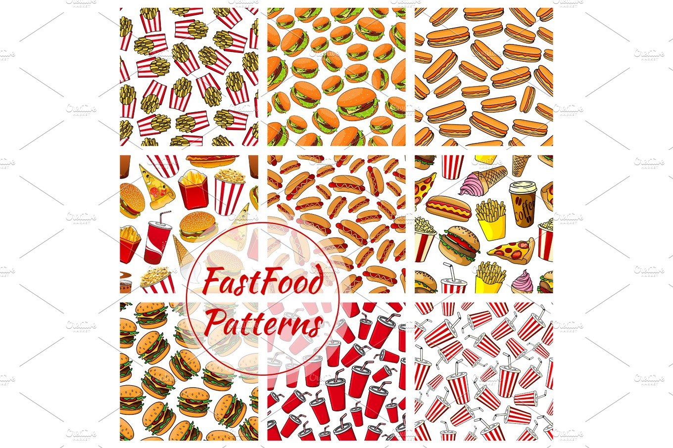 Fast food and drinks seamless pattern background cover image.