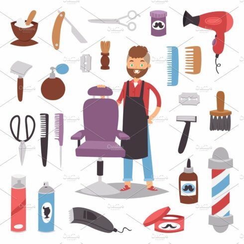 Professional barber man character making haircut saloon barbershop hairdres... cover image.