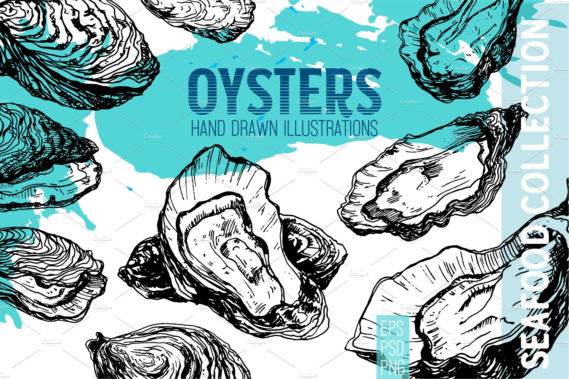 Oysters. Seafood engraving set cover image.