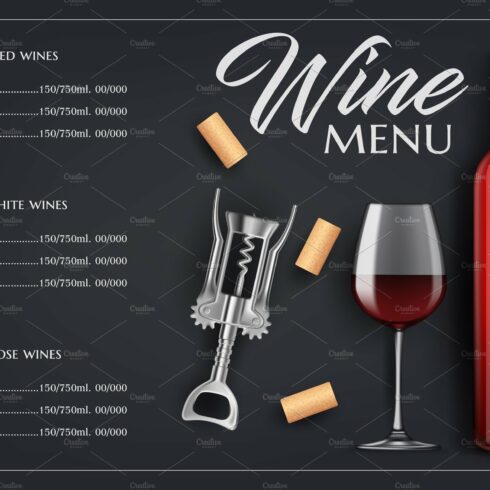 Wine menu list with bottle, glass cover image.