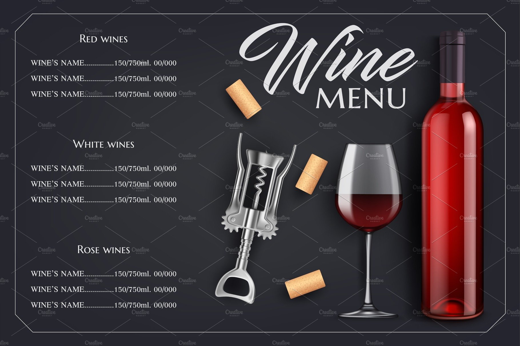 Wine menu list with bottle, glass cover image.
