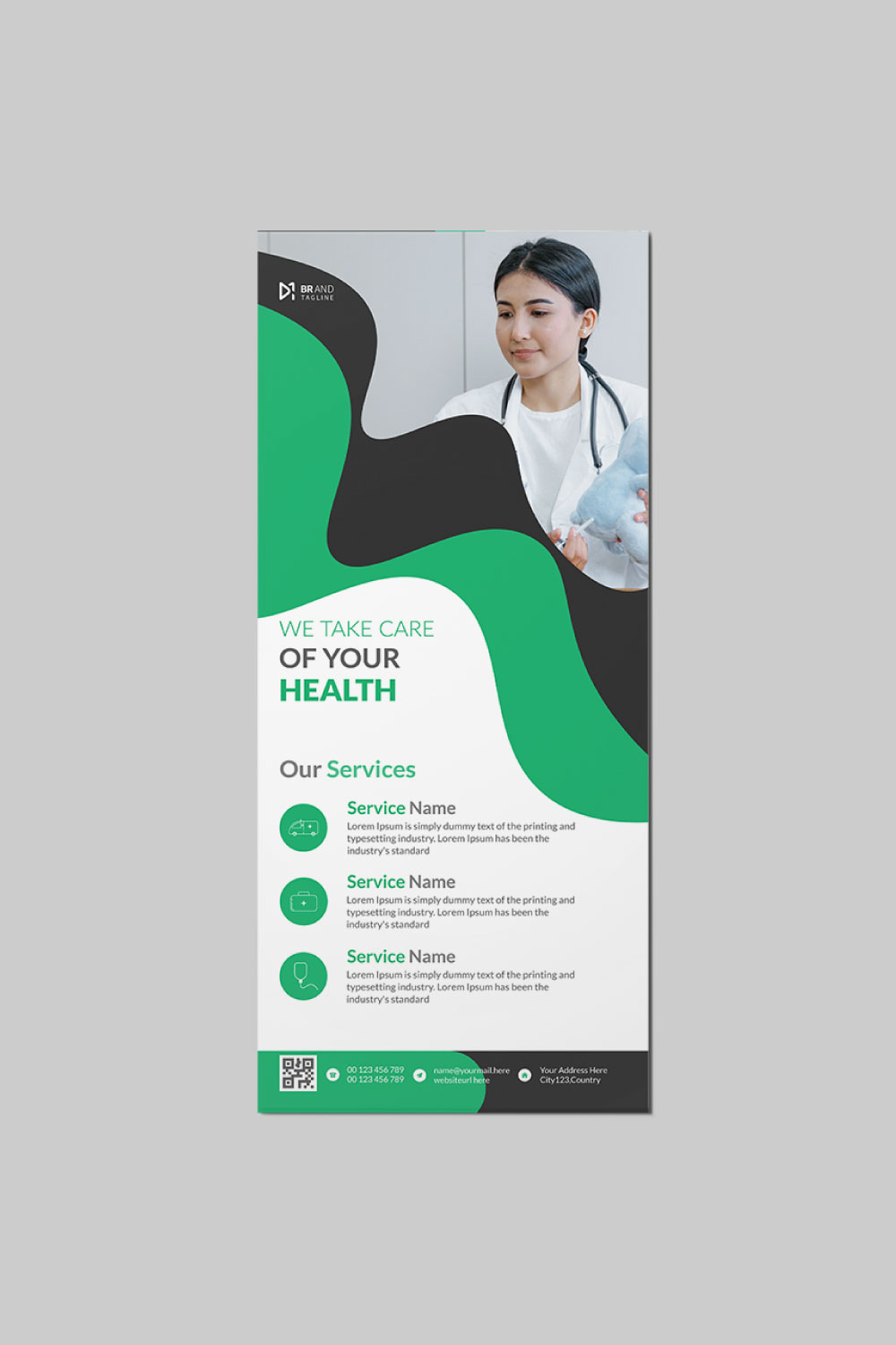 Medical rack card design with roll-up banner template pinterest preview image.