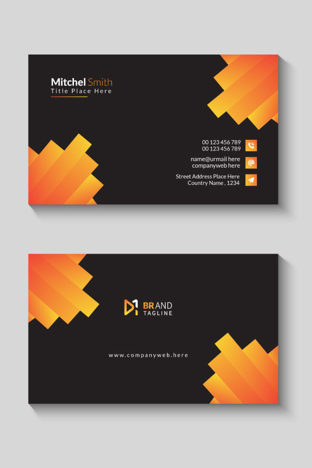 Minimal black and orange business card template pinterest preview image.