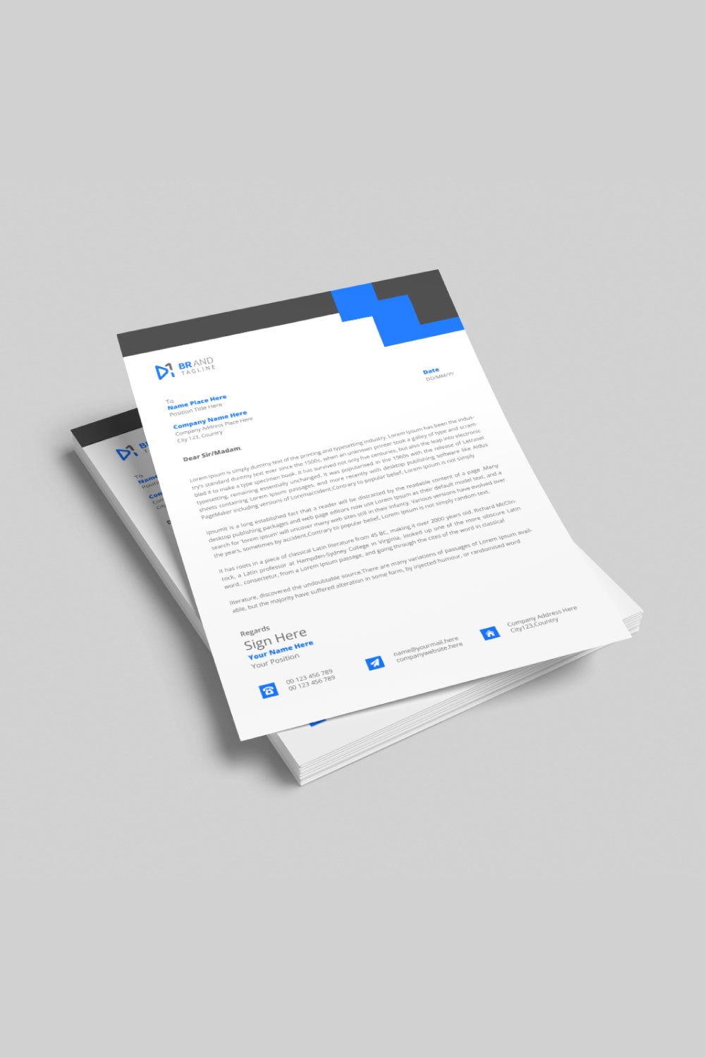 Modern Corporate business company letterhead design template with blue and black shapes pinterest preview image.