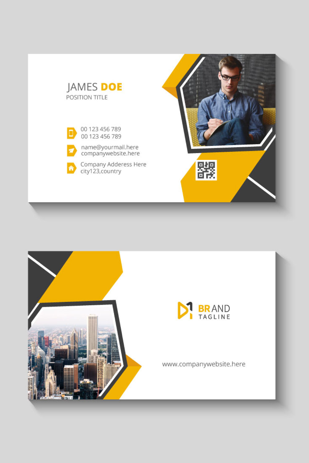 Modern business card design with yellow and black color pinterest preview image.