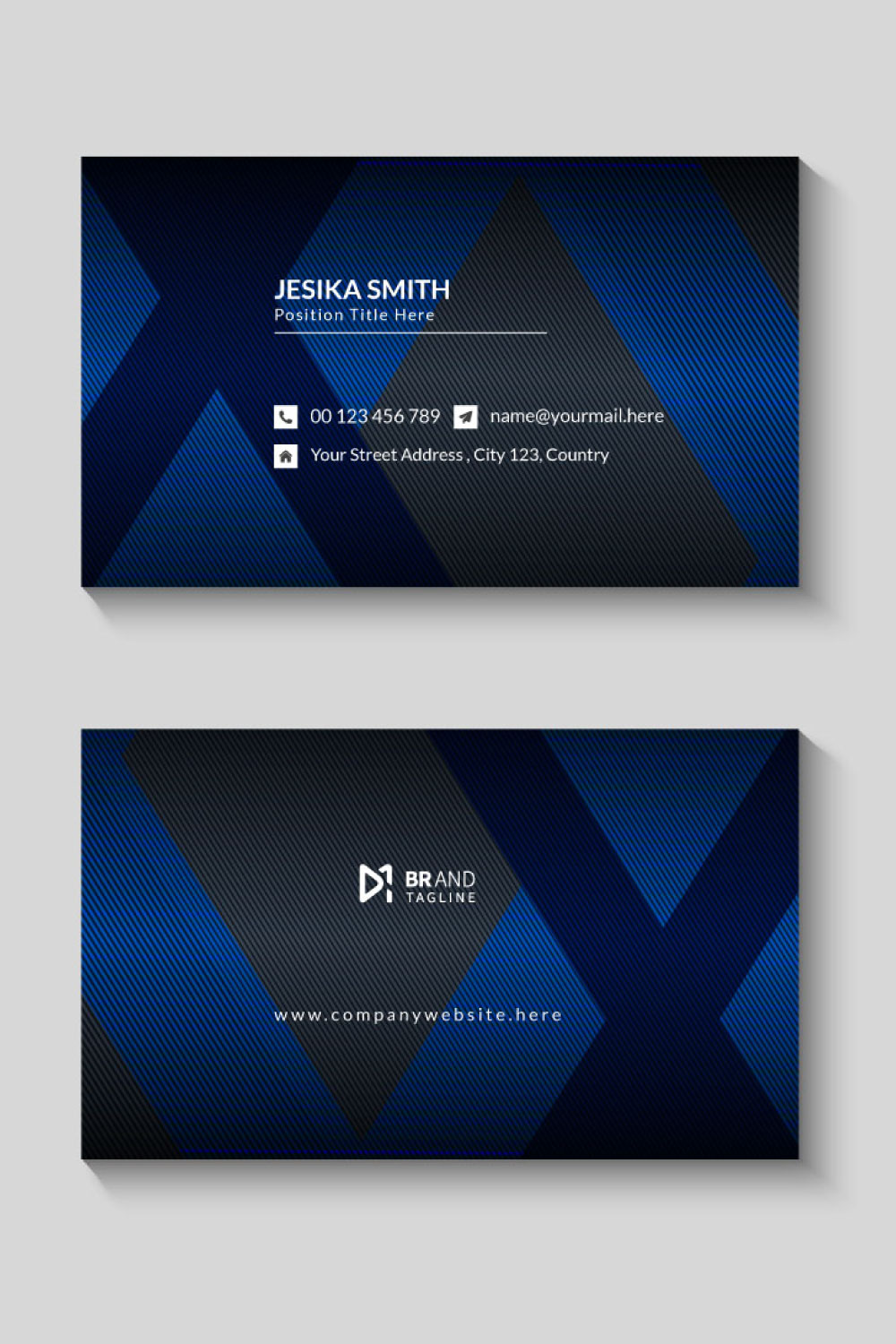 Abstract black business card template with blue shade pinterest preview image.