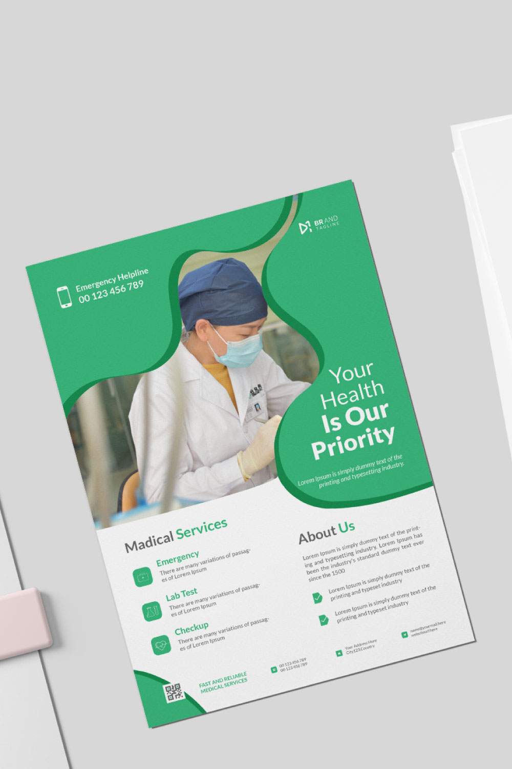 Medical healthcare flyer design and brochure cover page template pinterest preview image.