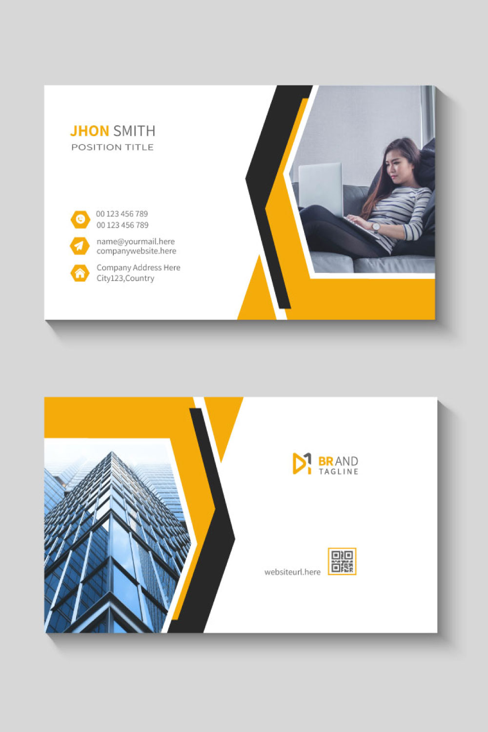 Business card template with yellow shapes pinterest preview image.