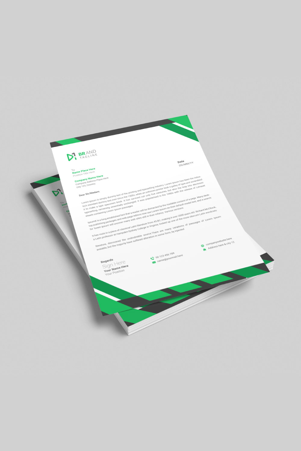 Modern green corporate letterhead design pinterest preview image.