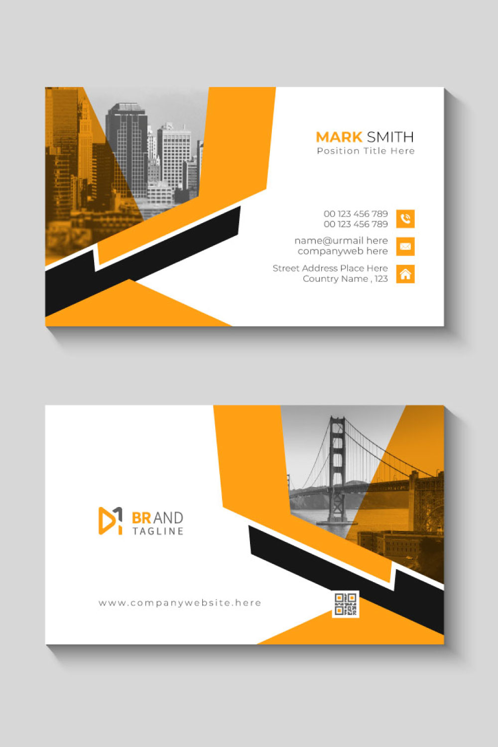 Orange and black shape visit card design template pinterest preview image.