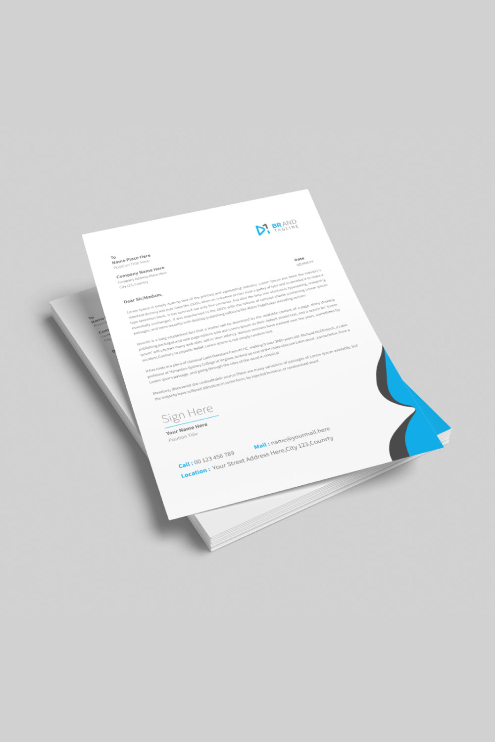 Corporate modern company business letterhead design template with blue and black color pinterest preview image.