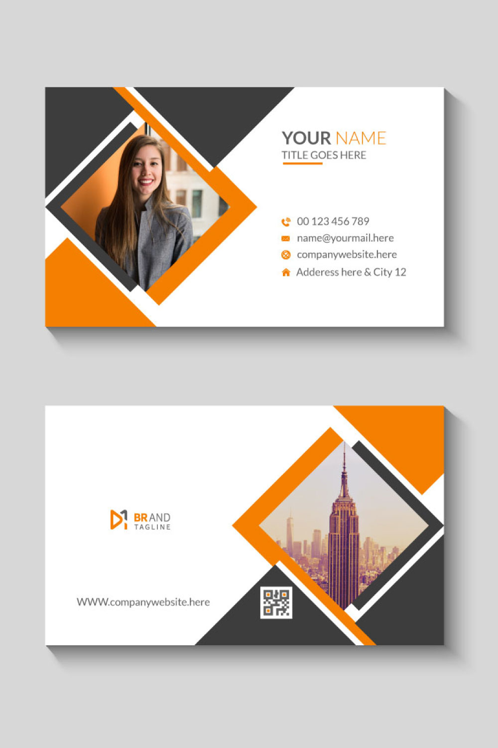 Modern and minimal black and orange business card template pinterest preview image.