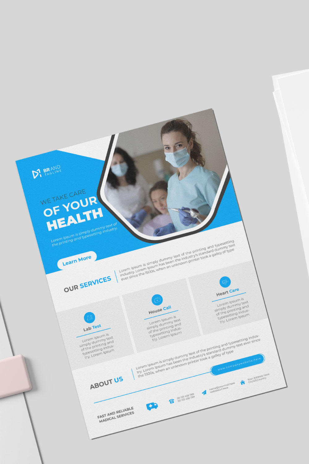 Medical care poster and flyer template design pinterest preview image.