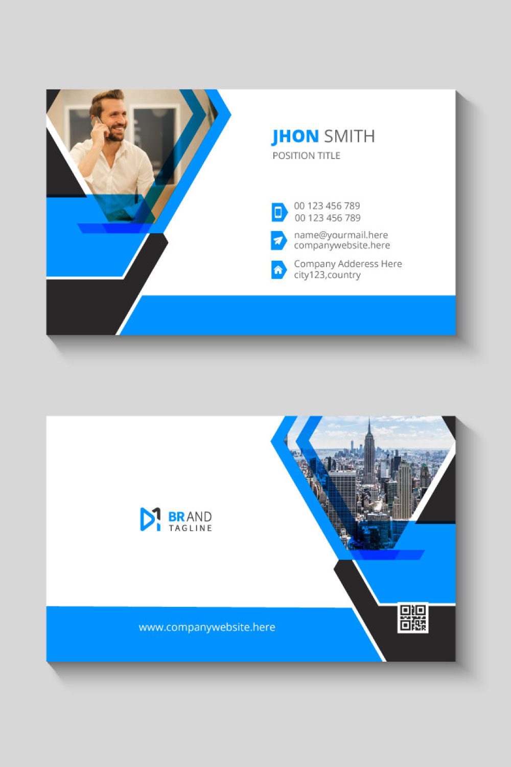 Blue and black elegant corporate card design template pinterest preview image.