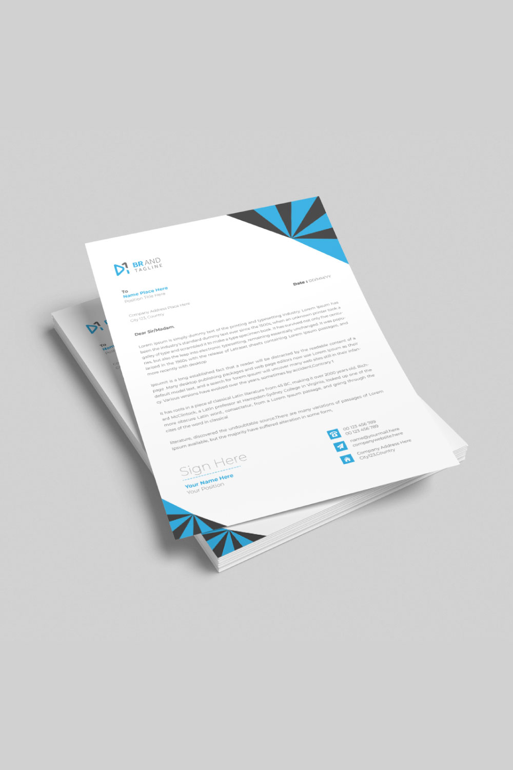 Modern and clean blue business letterhead template pinterest preview image.