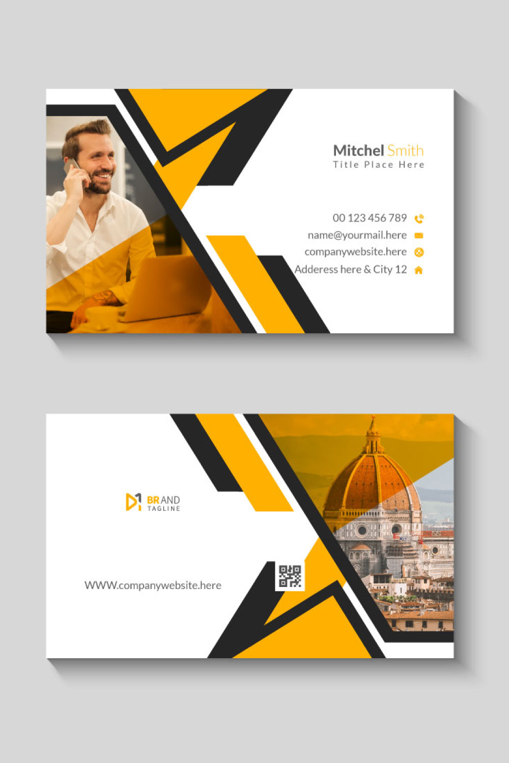 Minimal black and yellow business card template pinterest preview image.