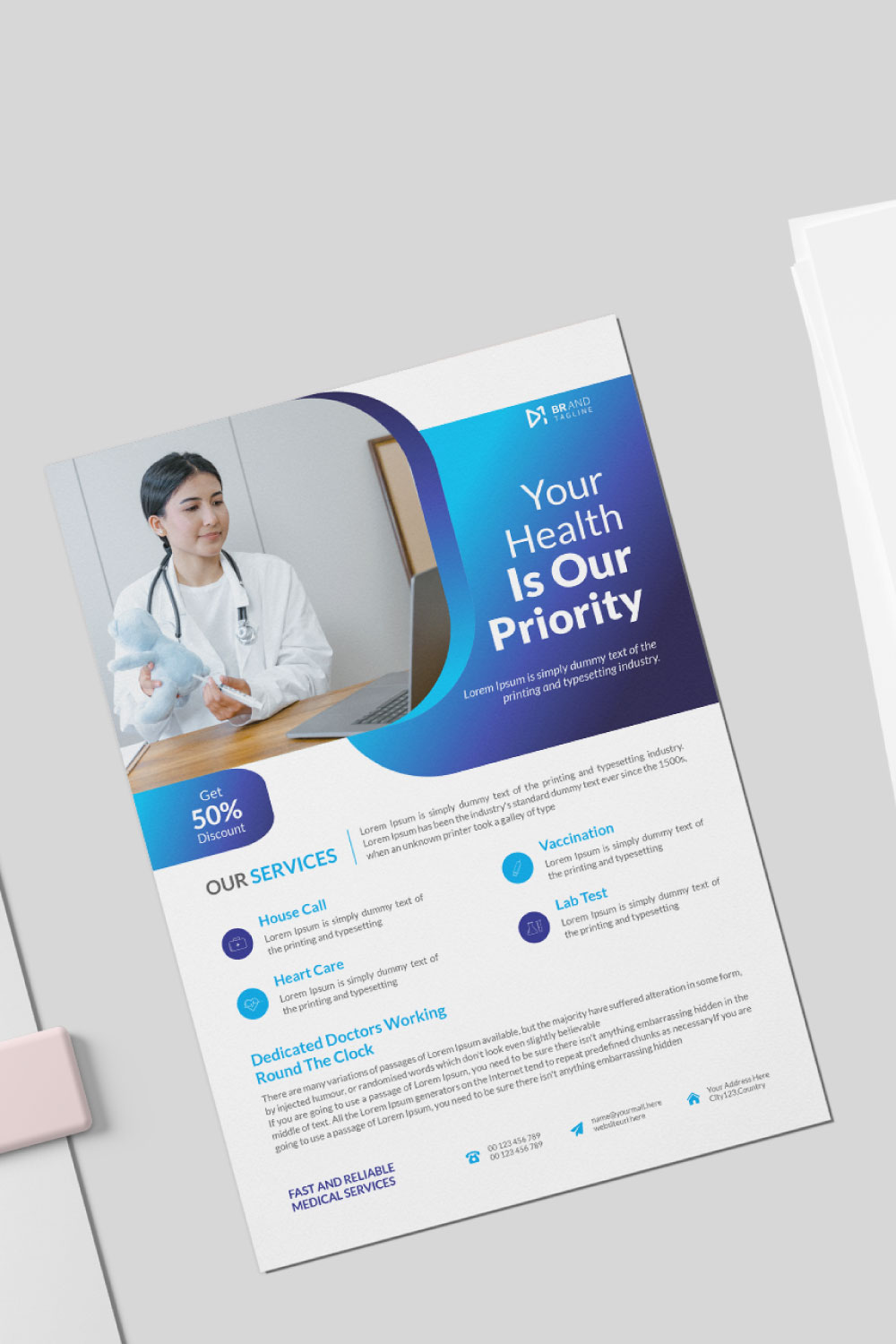 Medical healthcare flyer design and brochure cover page template pinterest preview image.