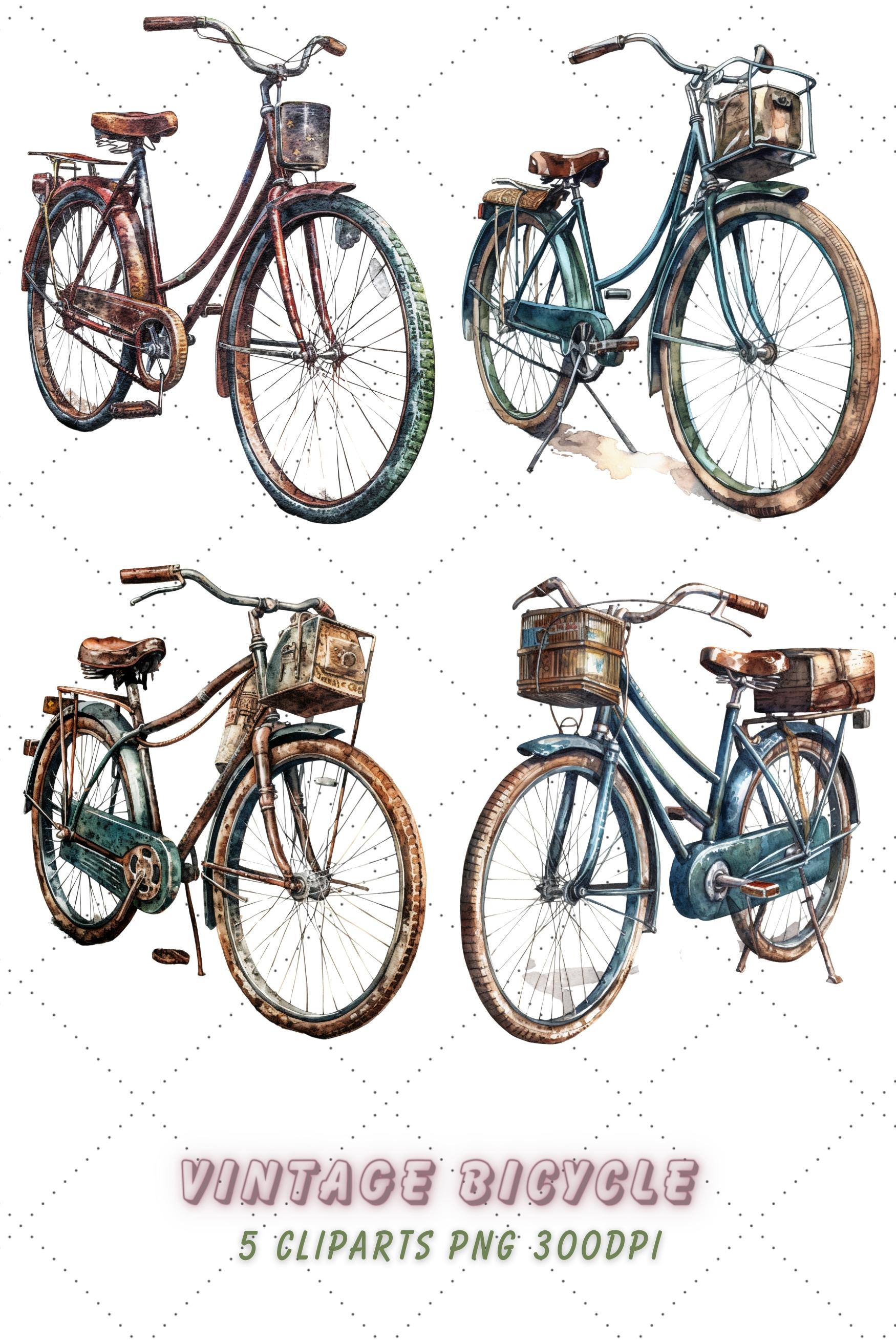 Vintage bicycle Watercolor Clipart Bundle, Transparent PNG pinterest preview image.