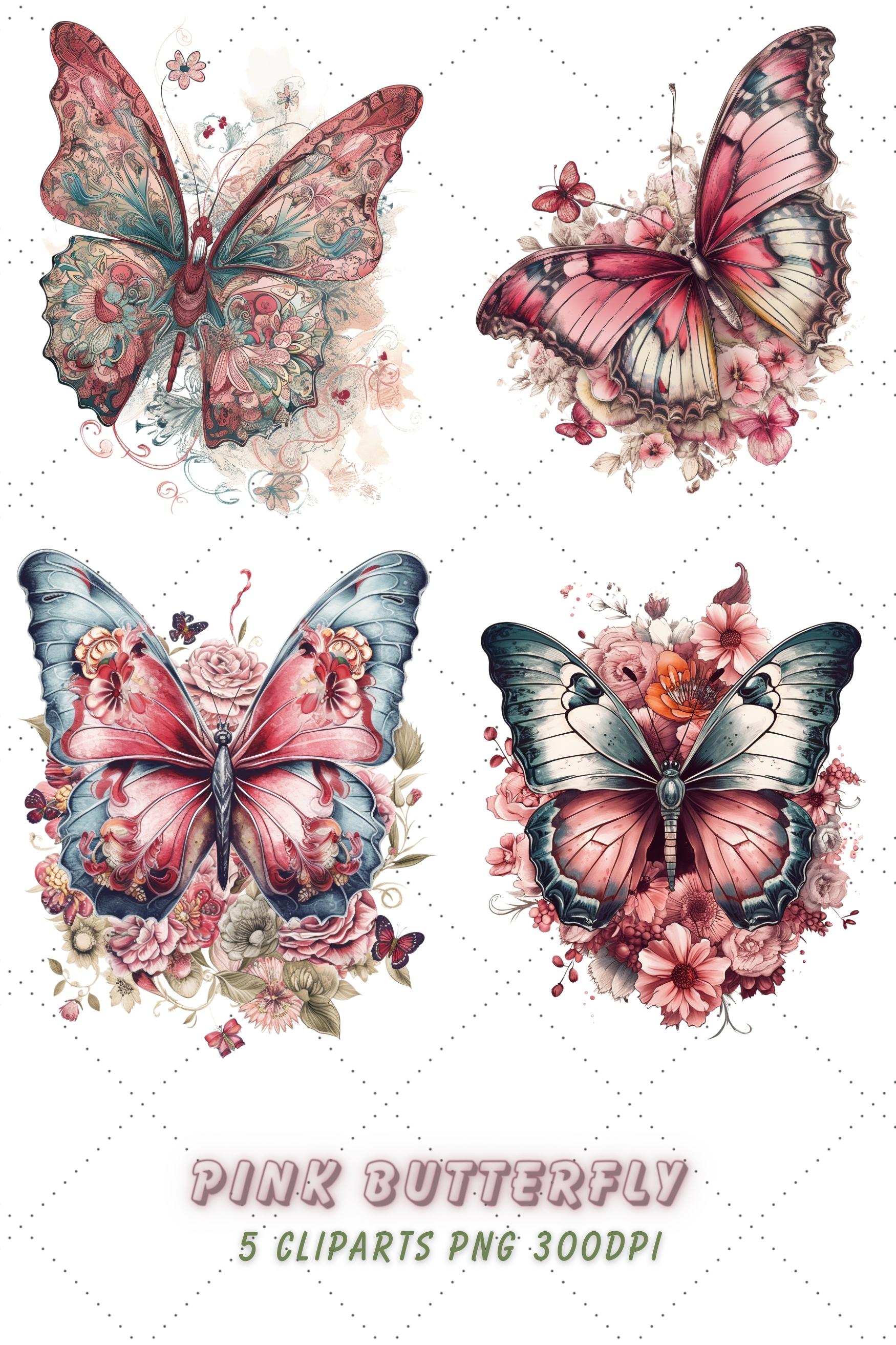Pink Butterfly Sublimation Clipart Bundle pinterest preview image.