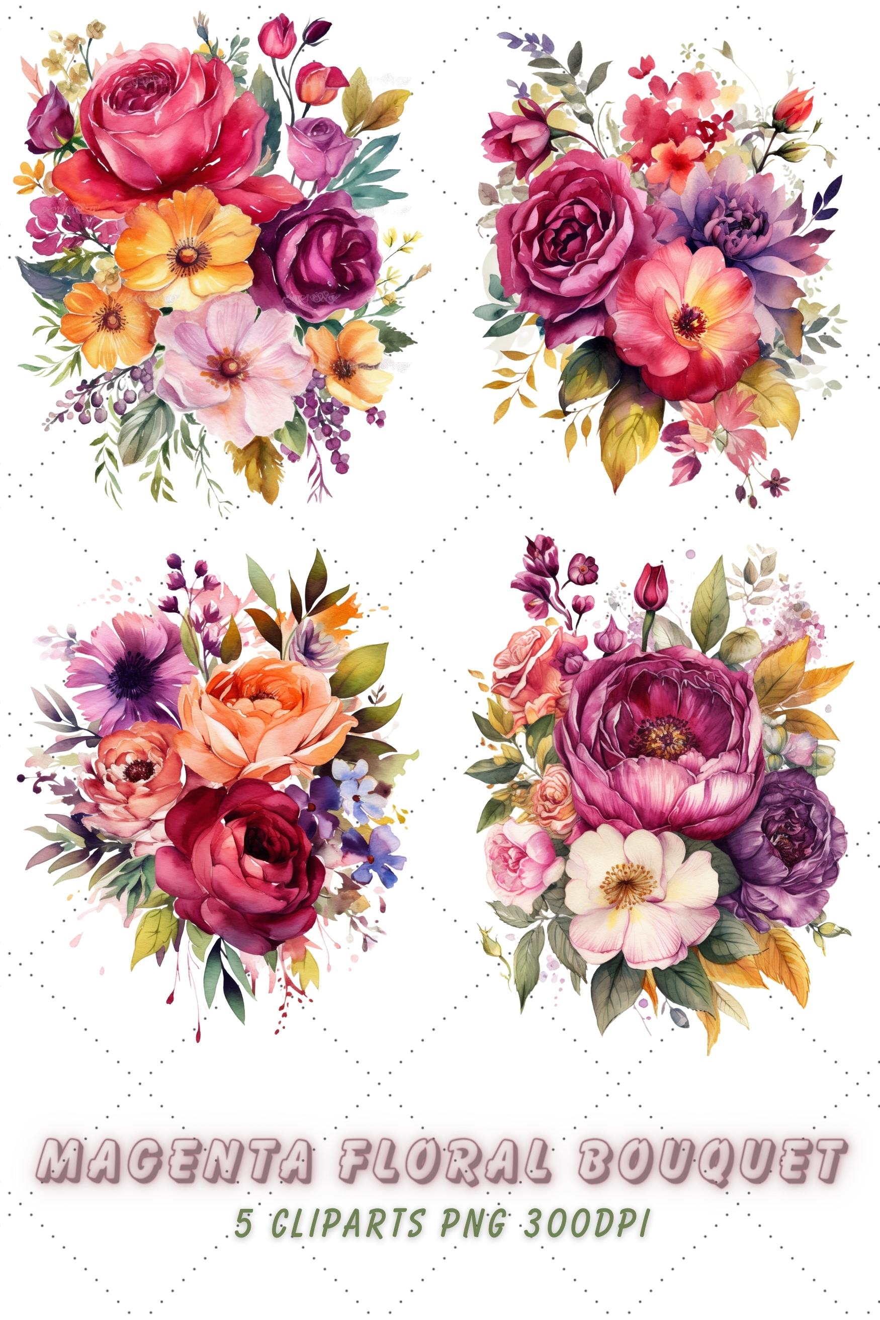 Watercolor Magenta Floral Bouquet Clipart Bundle pinterest preview image.