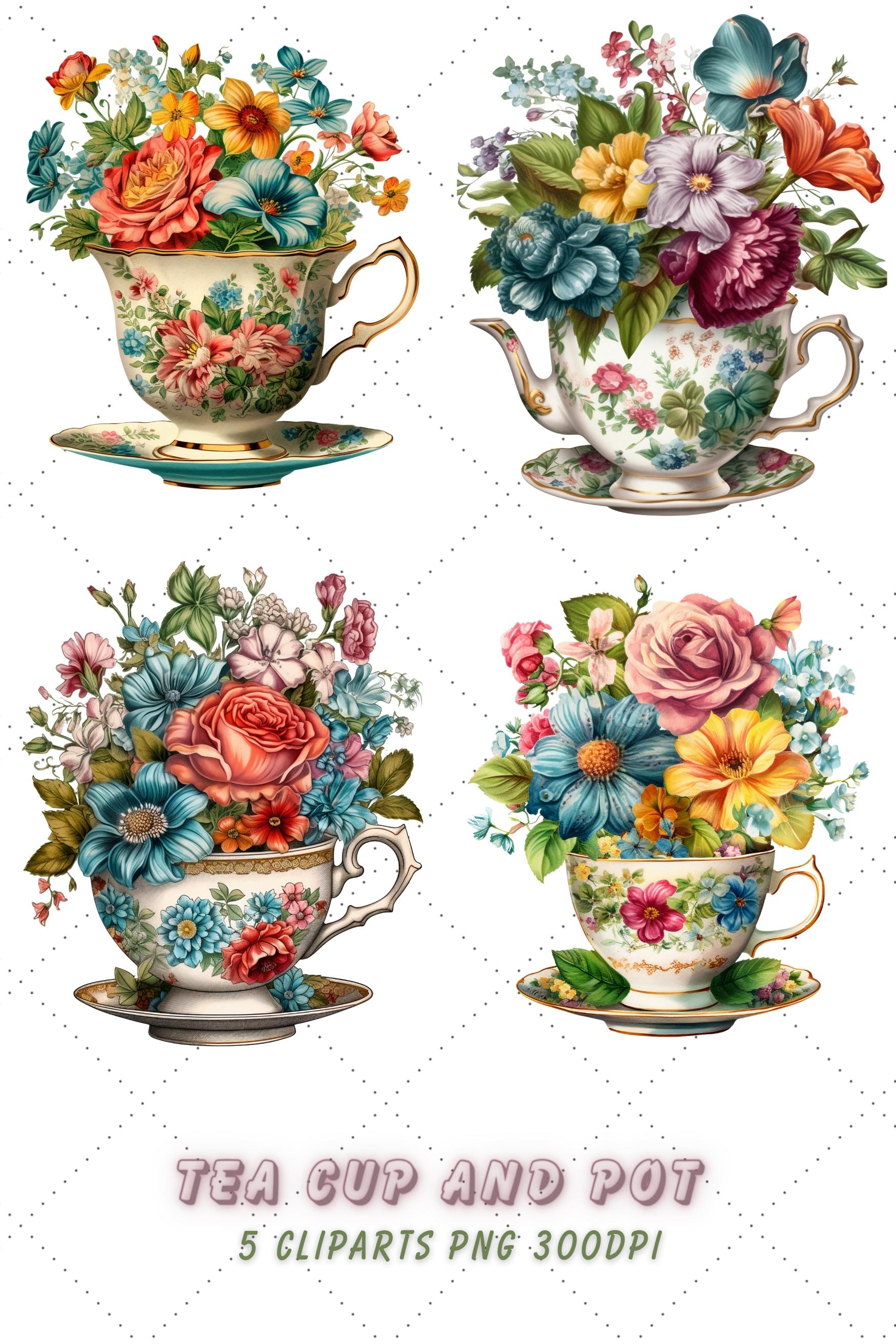 Vintage Flowers Tea Cup and Pot Clipart Bundle, Sublimation pinterest preview image.