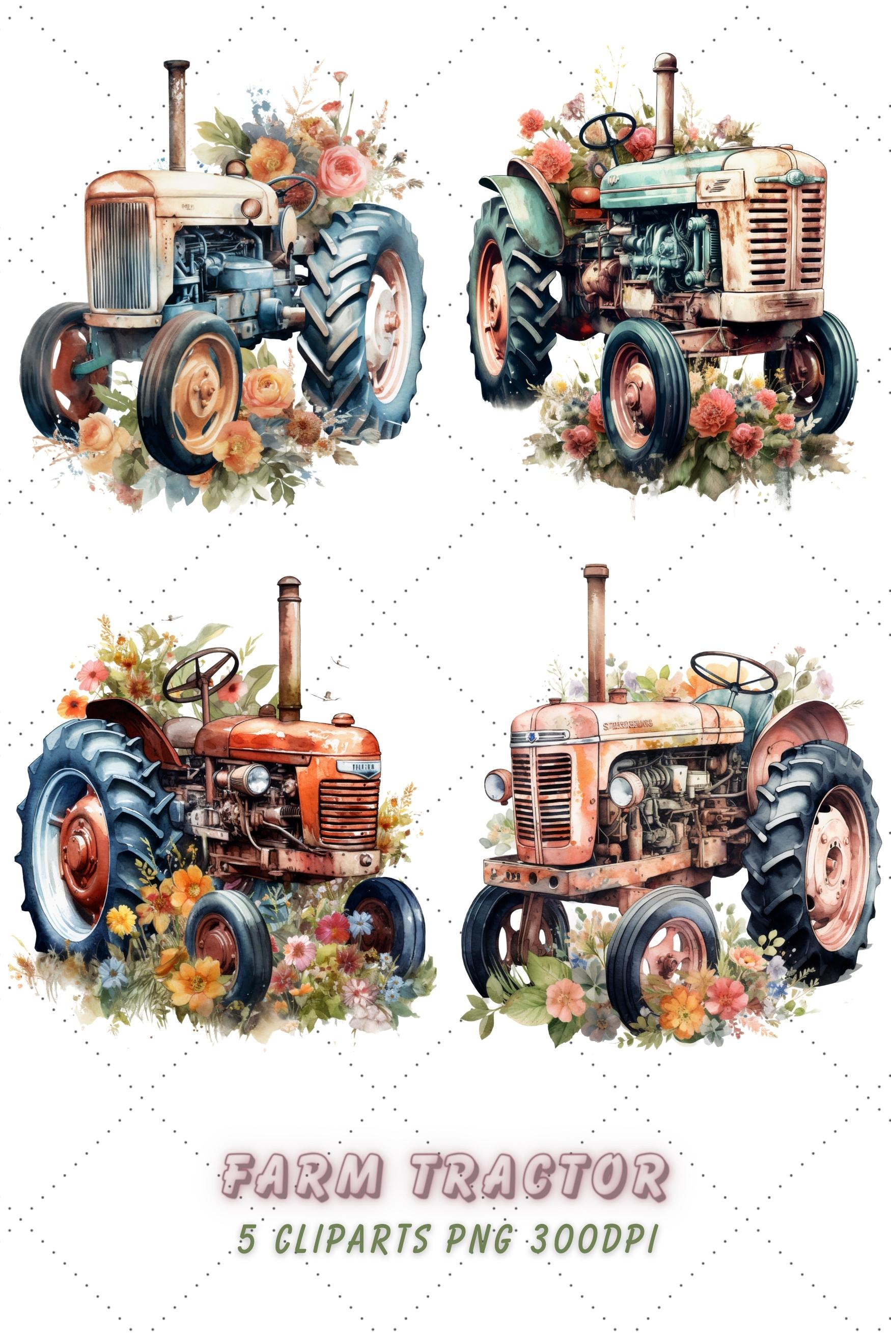 Farm Tractor Floral Watercolor Clipart Bundle pinterest preview image.