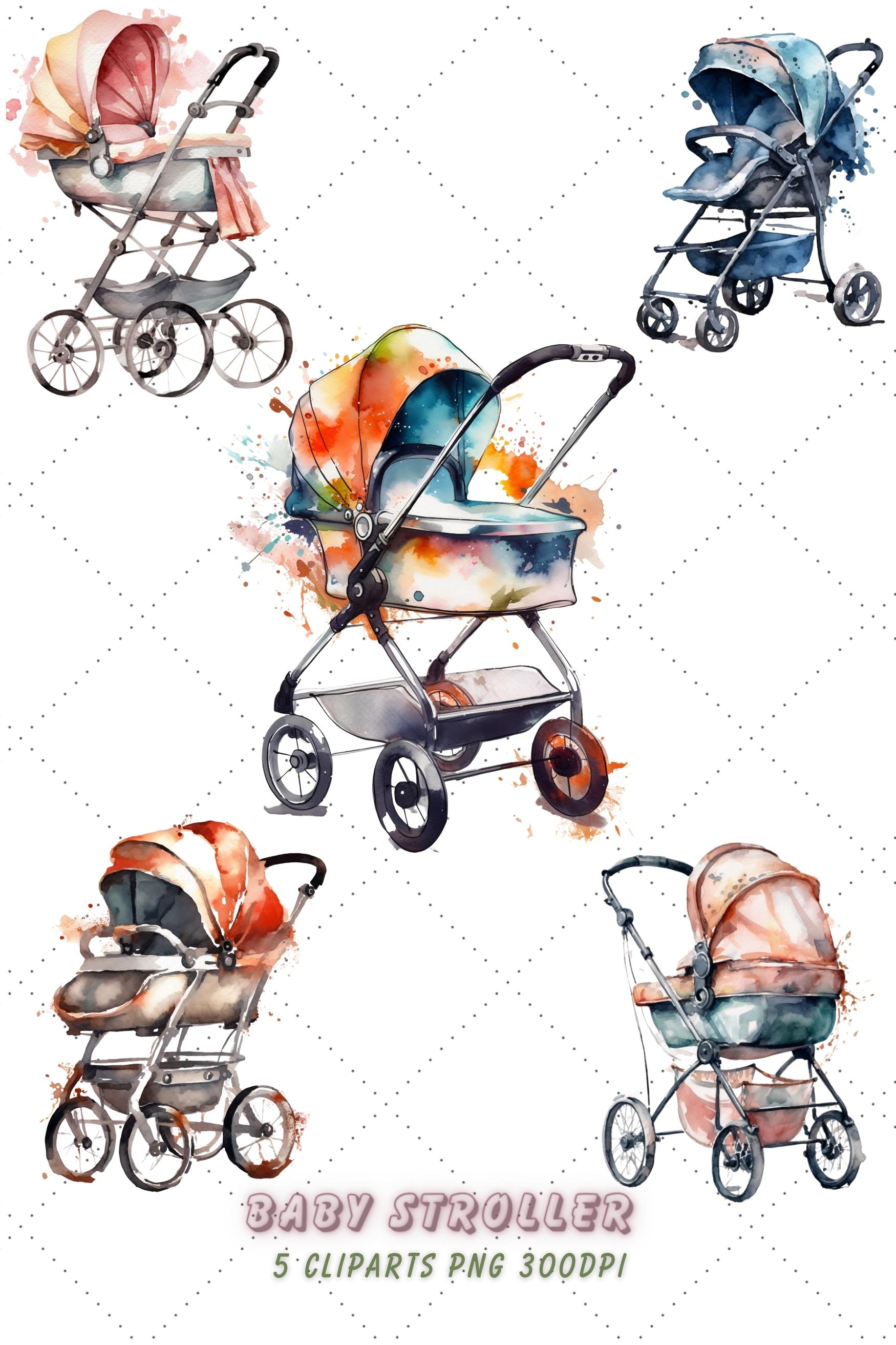 Baby Stroller Watercolor Clipart Bundle, Transparent PNG pinterest preview image.