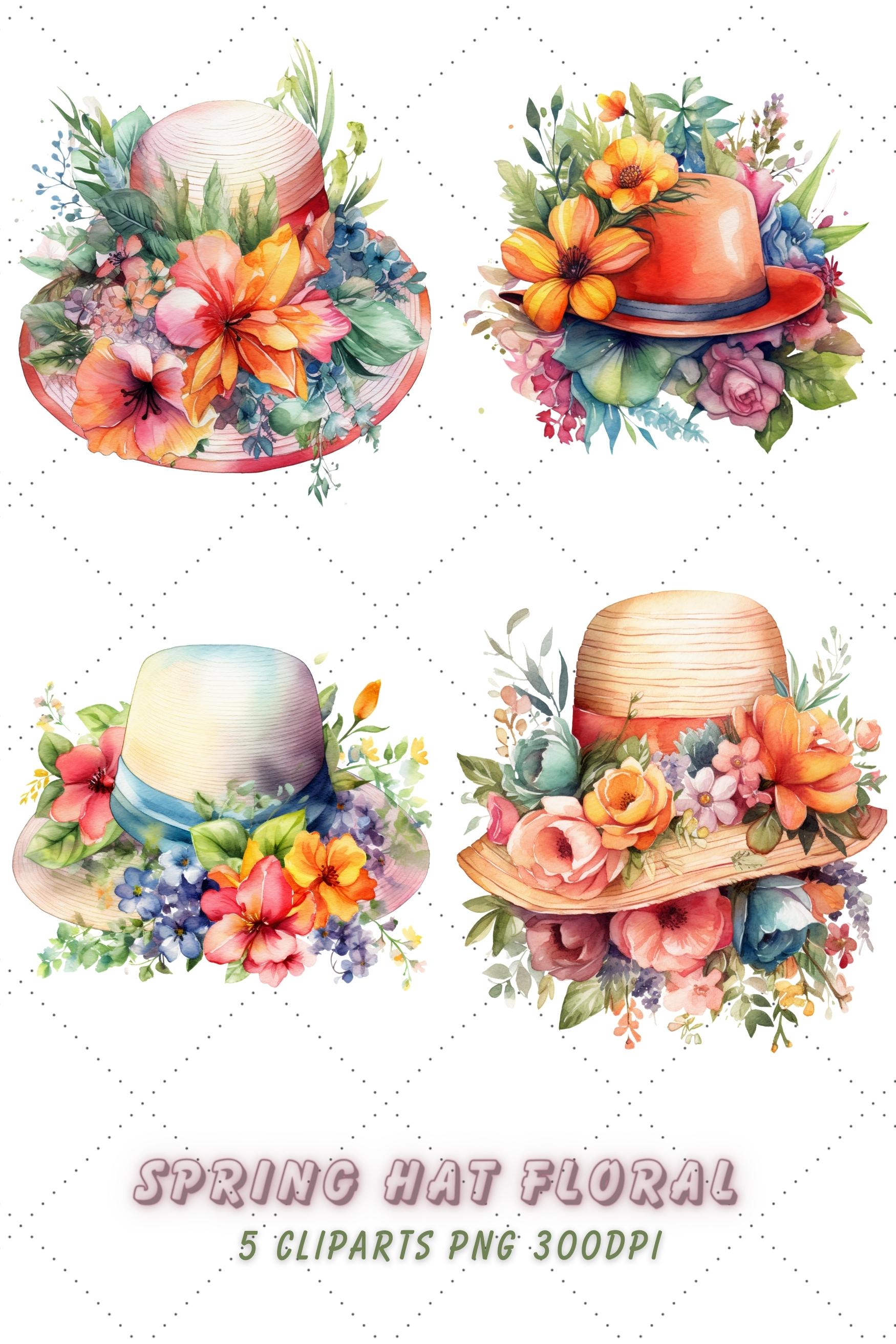 Watercolor Spring hat Floral Clipart Bundle pinterest preview image.