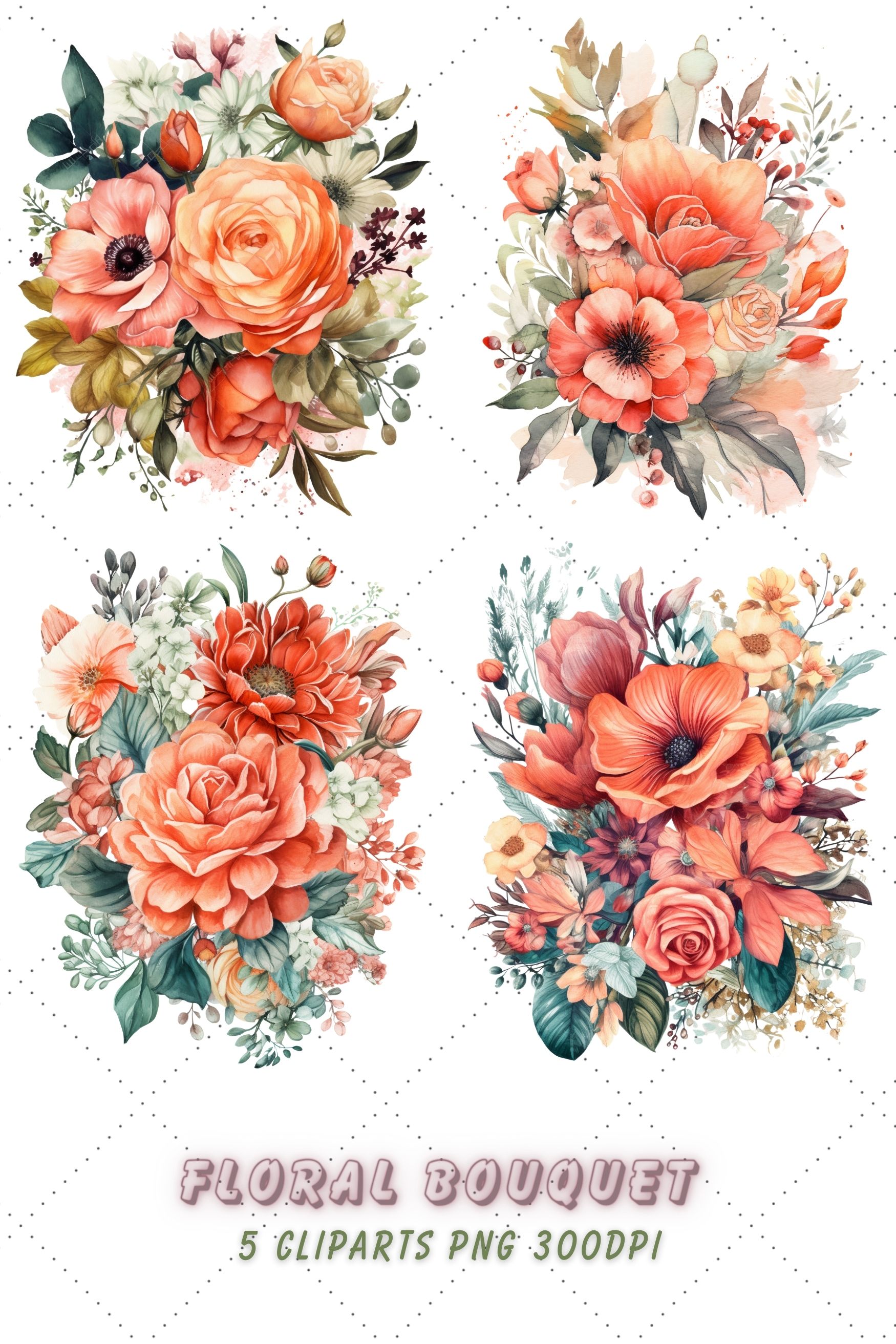 Coral Floral Bouquet Watercolor Clipart Bundle, Sublimation, Coral Floral Bouquet pinterest preview image.