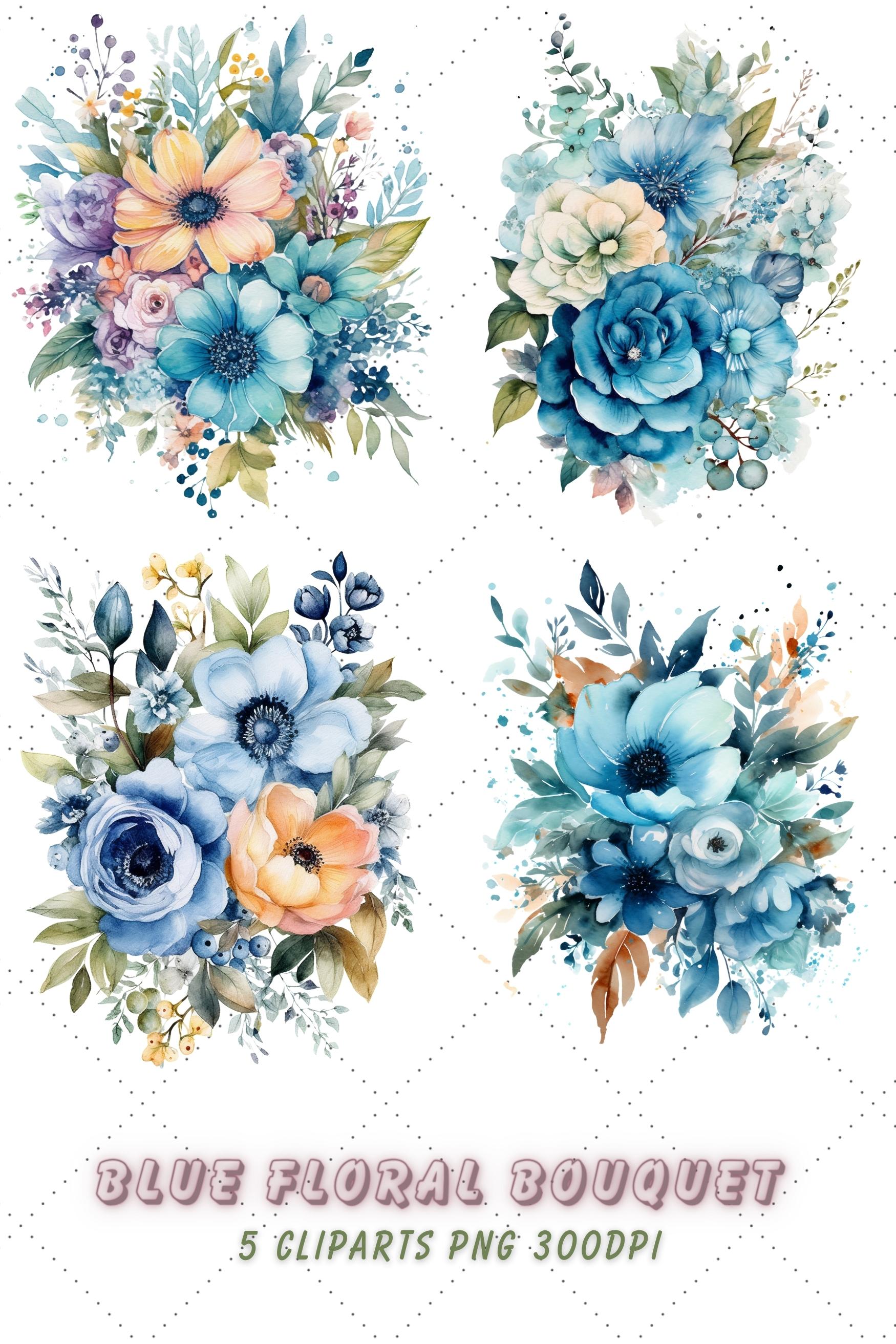 Watercolor Blue Floral Bouquet Clipart Bundle, Blue Floral, Floral Bouquet, Watercolor Blue pinterest preview image.