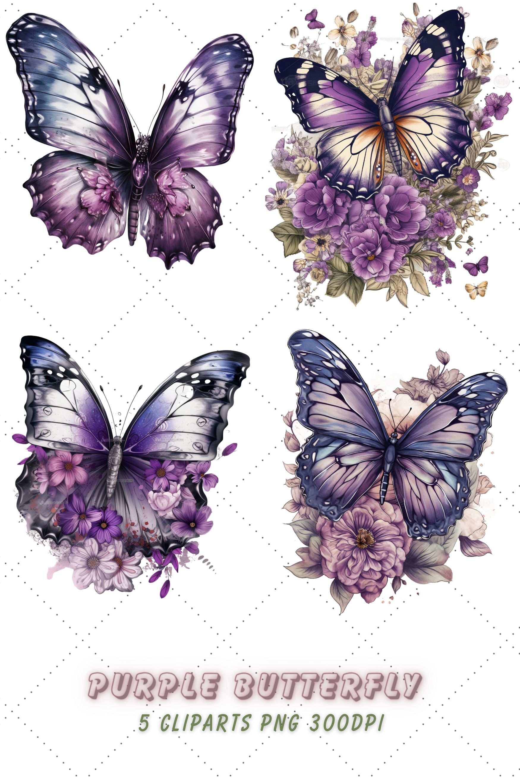 Purple Butterfly Sublimation Clipart Bundle pinterest preview image.