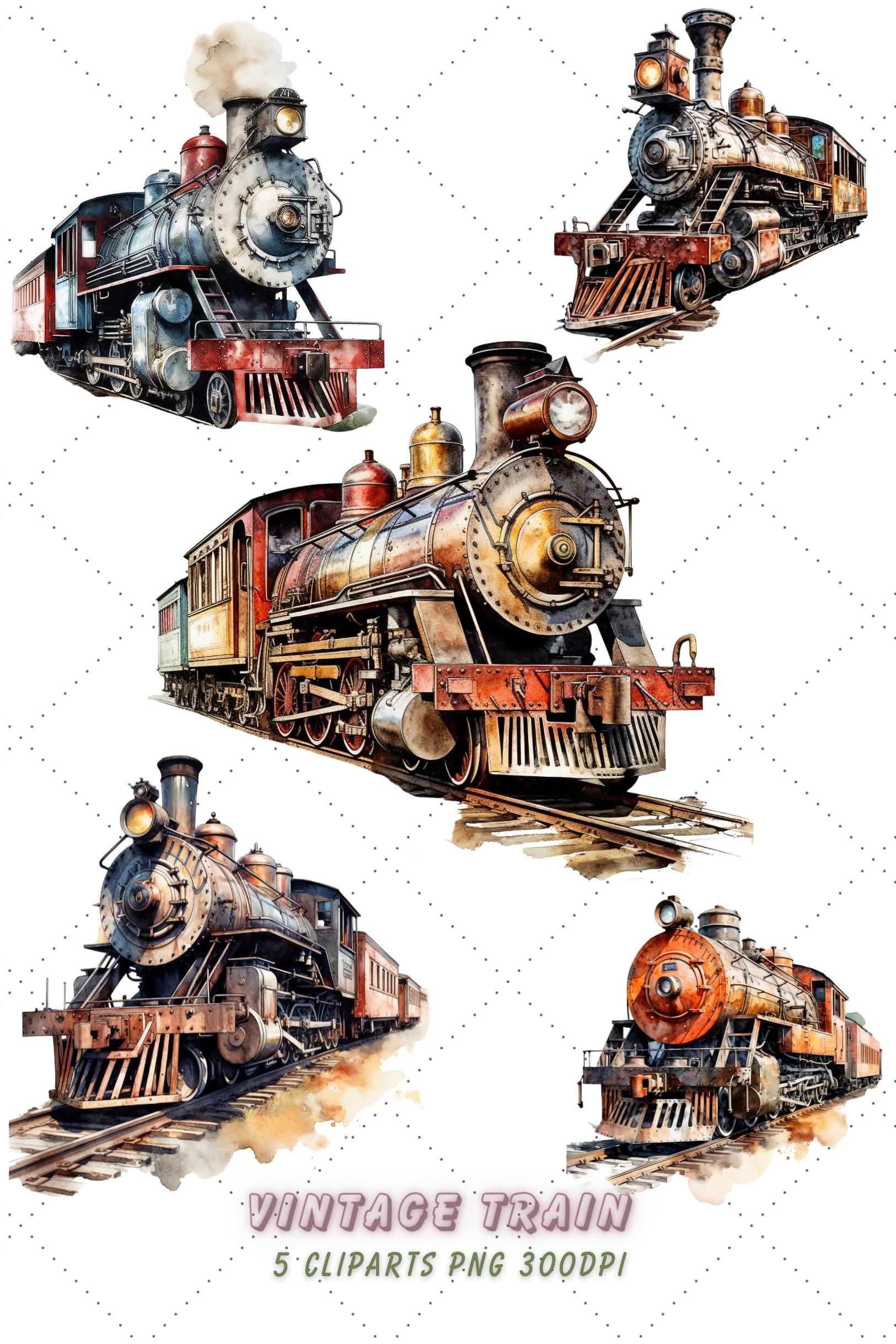 Vintage Train Watercolor Clipart Bundle, Train tracks, Railroad station, Transparent PNG pinterest preview image.