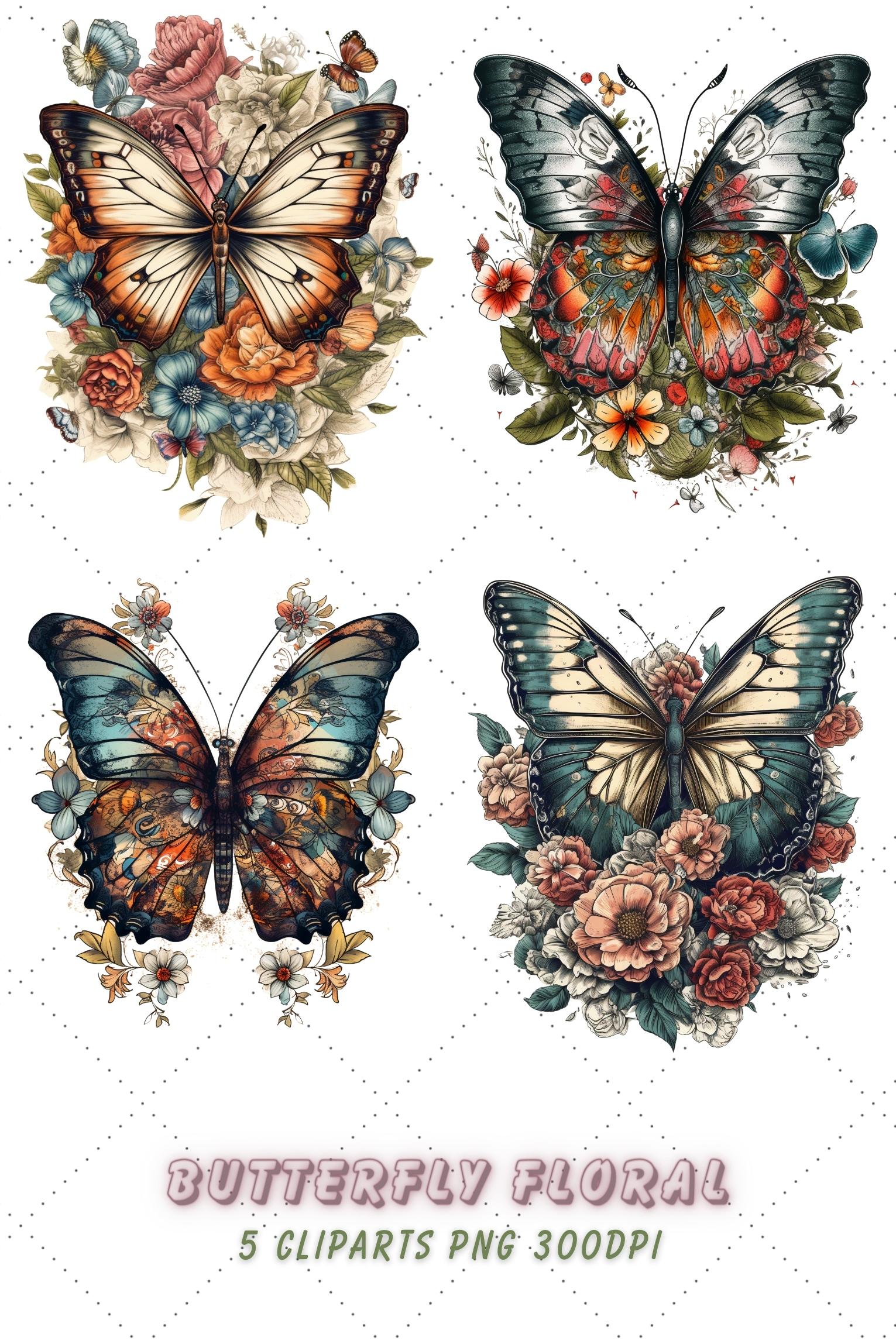 Retro Butterfly floral Clipart Bundle, Sublimation, Butterfly floral pinterest preview image.