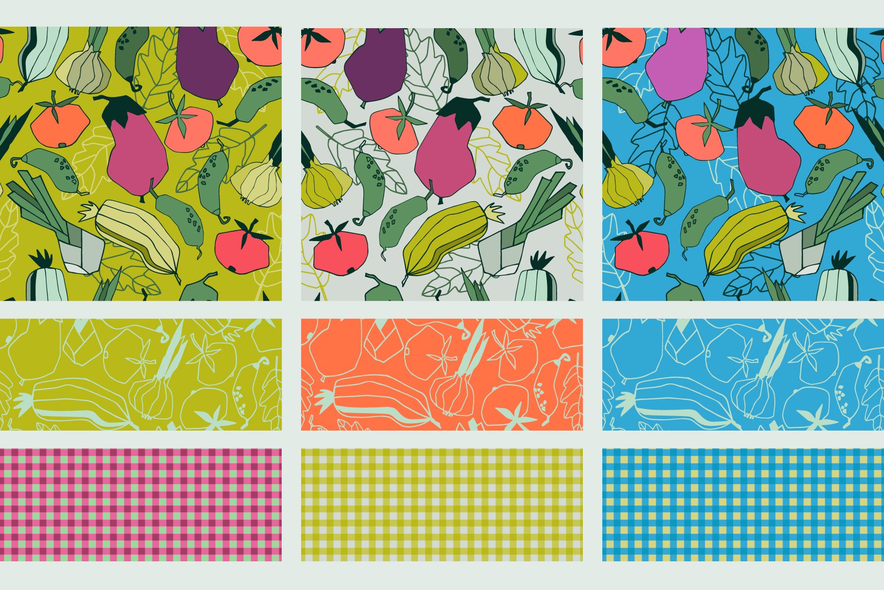 9 Healthy vegetables patterns set preview image.