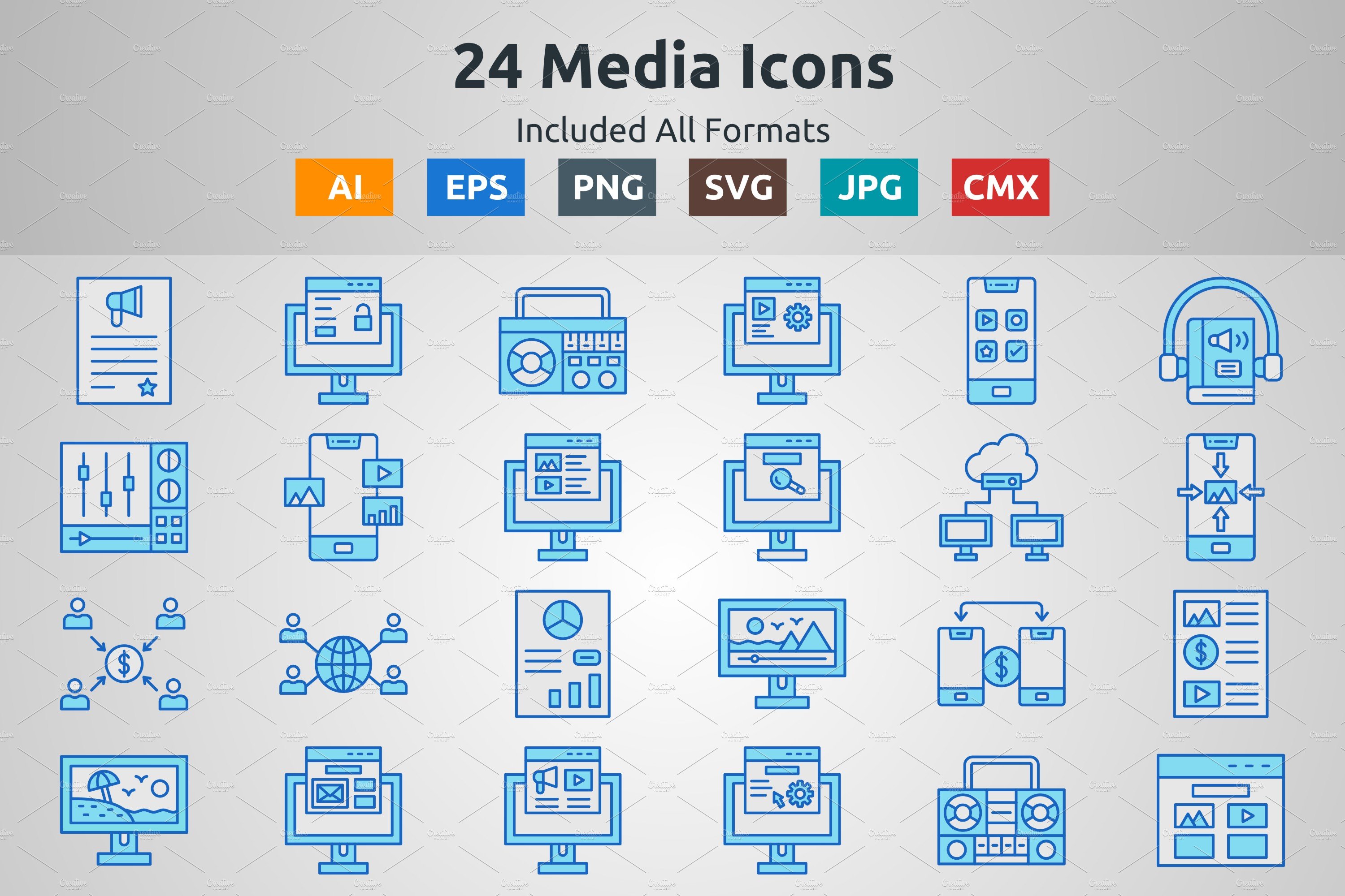 Blue Filled Outline Media Icons cover image.