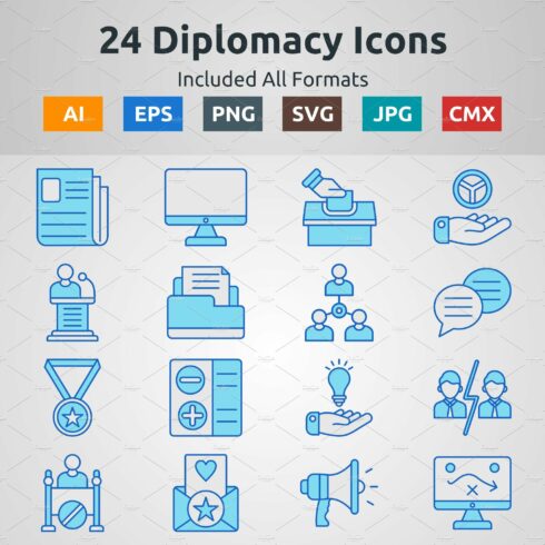 Blue Filled Outline Diplomacy Icons cover image.