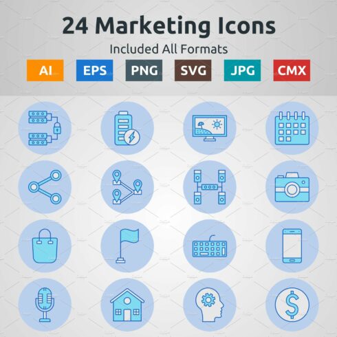 Blue Filled Circle Marketing Icons cover image.