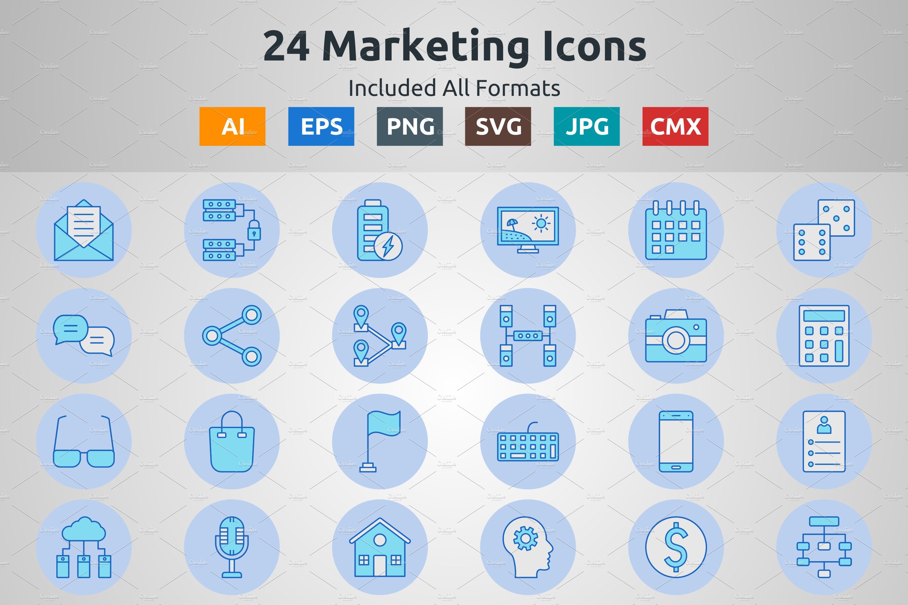 Blue Filled Circle Marketing Icons cover image.