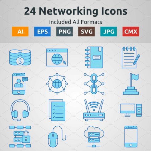 Blue Filled Outline Networking Icons cover image.