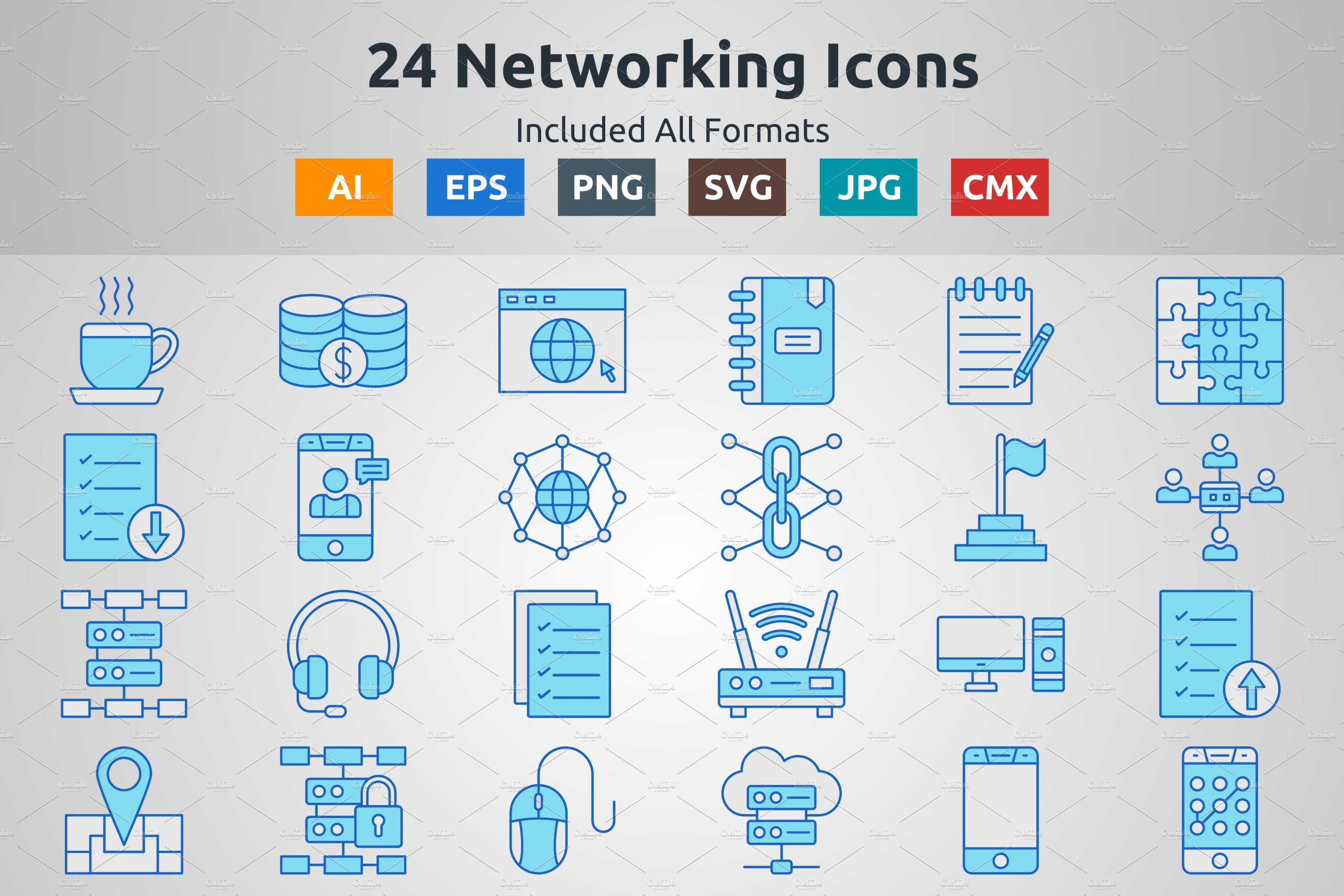 Blue Filled Outline Networking Icons cover image.