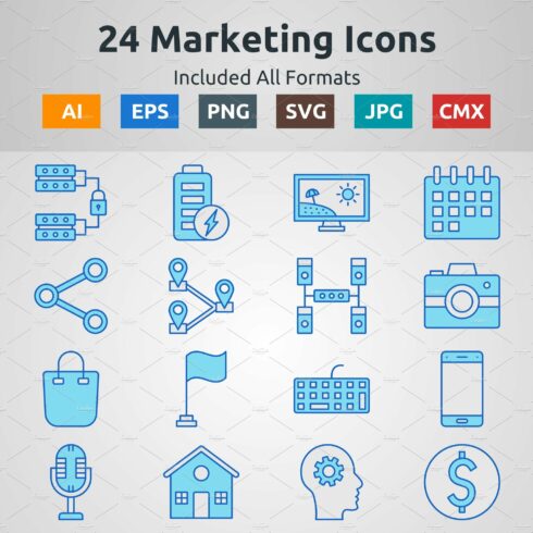 Blue Filled Outline Marketing Icons cover image.